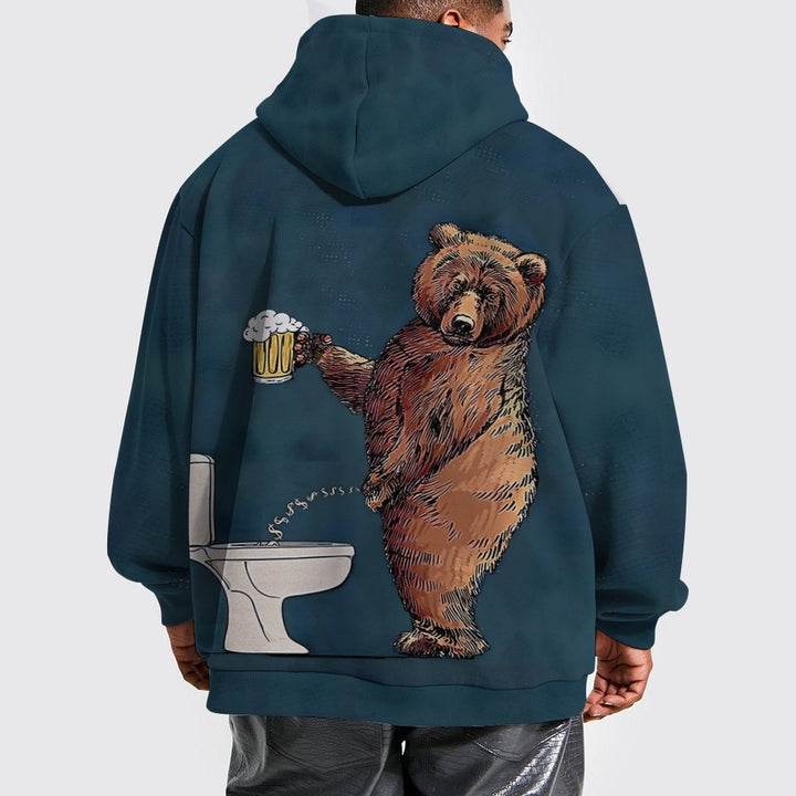 Fun Bear Beer Print Casual Long Sleeve Hooded Sweatshirt