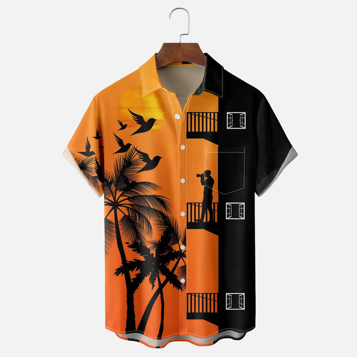 Coconut Tree Silhouette Chest Pocket Casual Shirt