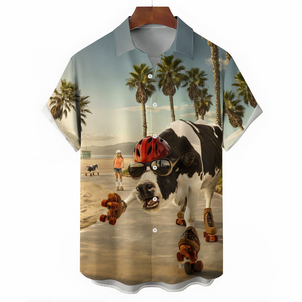 Men's Fun Roller Skating Cow Print Short Sleeve Shirt 2412009510