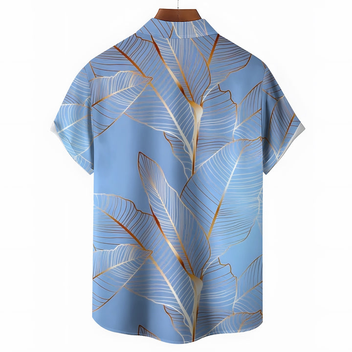 Men's Hawaiian Gold Botanical Print Men's Button Pocket Short Sleeve Shirt 2405000268