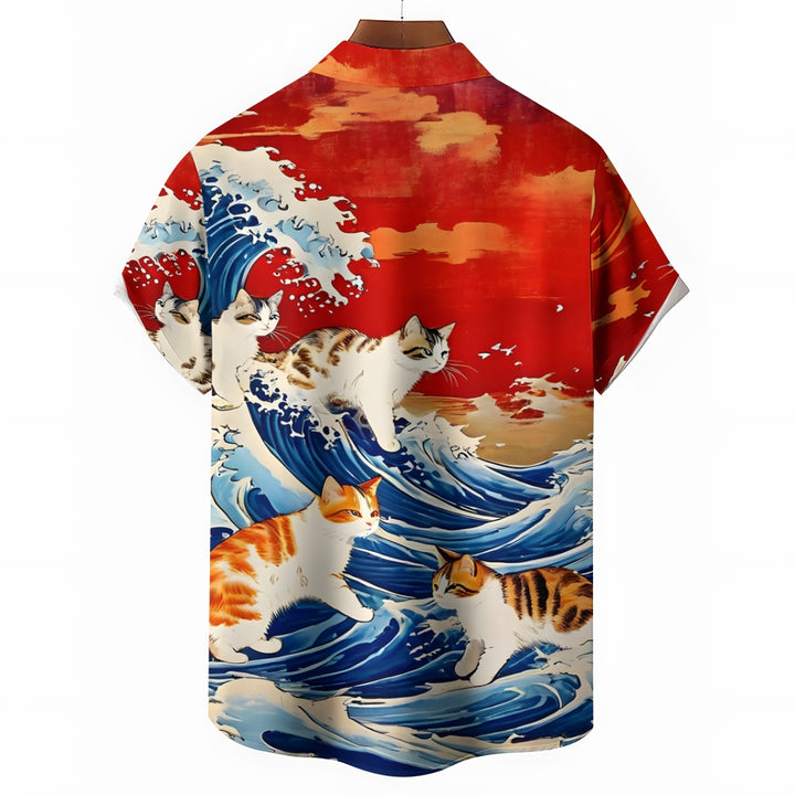 Ukiyo-E Style Cat Print Short Sleeve Shirt 2404001927