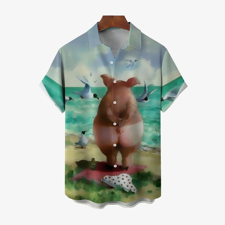 Funny Pig on the Beach Print Short Sleeve Shirt 2410003818