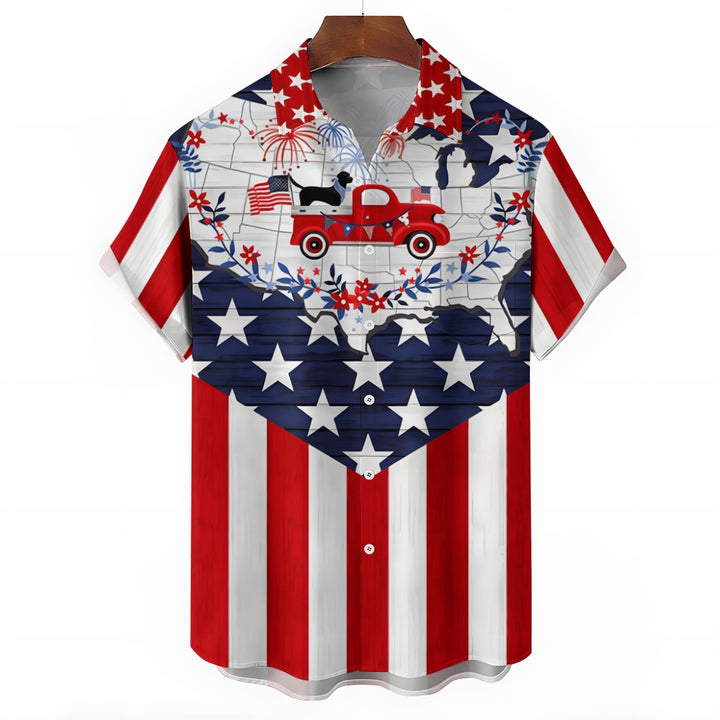 Patriotic Flag Trucker Print Chest Pocket Short Sleeve Shirt 2411005933