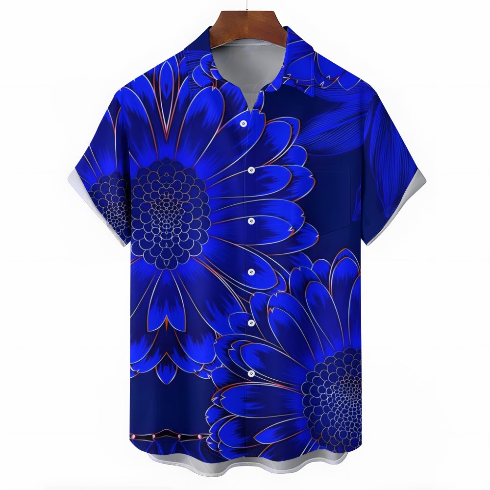 Men's Blue Daisy Print Casual Flower Short Sleeve Shirt 2412005891