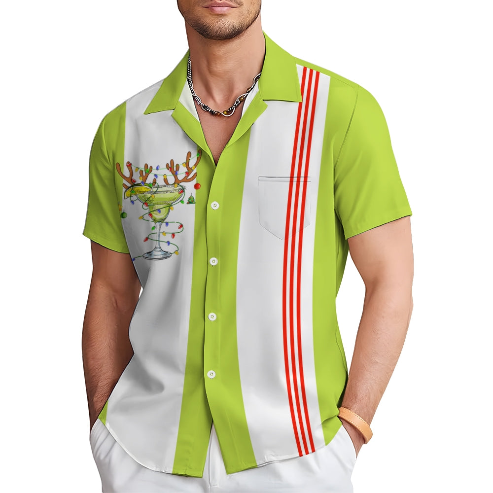 Christmas Cocktail Striped Bowling Short Sleeve Shirt 2411003969