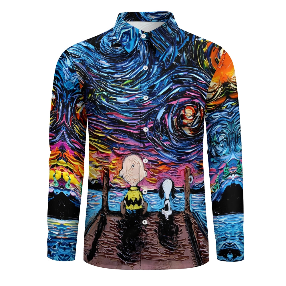 Starry Sky Cartoon Character Casual Printed Long Sleeve Shirt