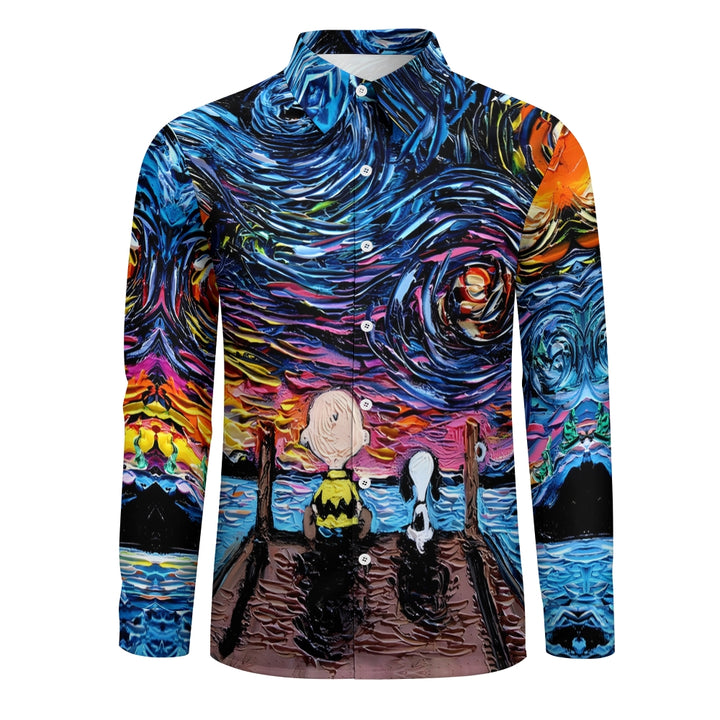 Starry Sky Cartoon Character Casual Printed Long Sleeve Shirt