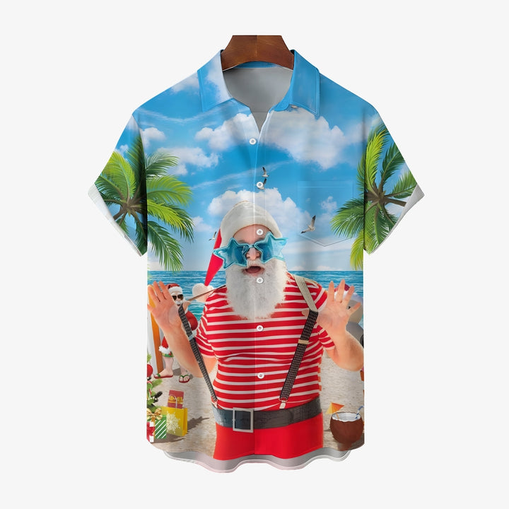 Santa Claus Print On The Beach Short Sleeve Shirt 2410003388