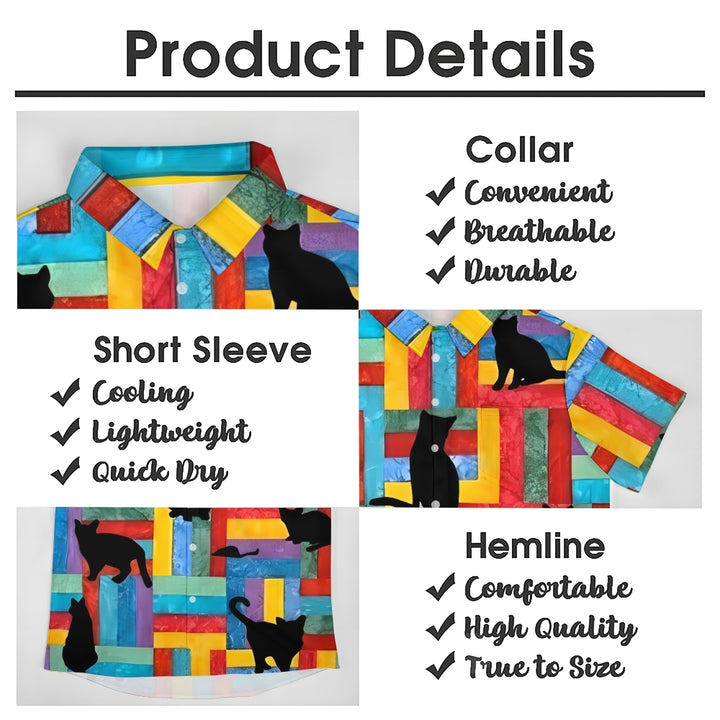 Colorful Geometric Cat Shadow Linen Short Sleeve Shirt 2409009727