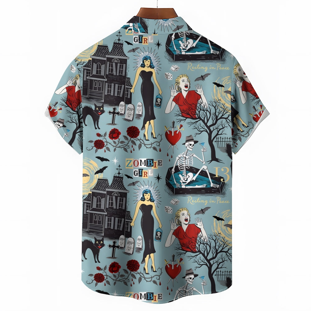 Horror Poster Illustration Casual Short-Sleeved Shirt 2406000416