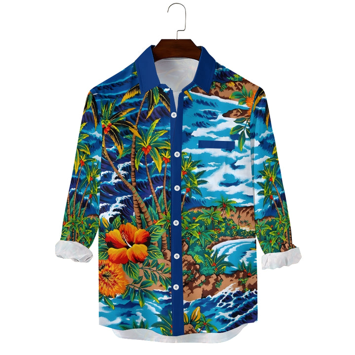 Men's Casual Hawaiian Coconut Palm Printed Long Sleeve Shirt 2403000599