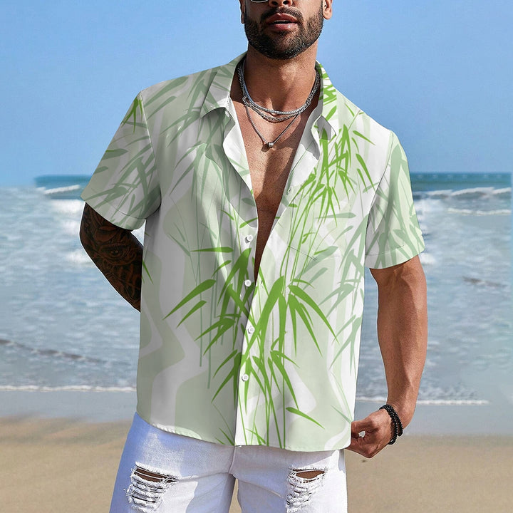 Men's Green Bamboo Art Print Casual Short Sleeve Shirt 2412003833