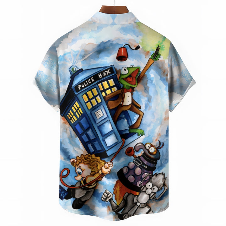 Police Box Cartoon Print Casual Short Sleeve Shirt 2410006780