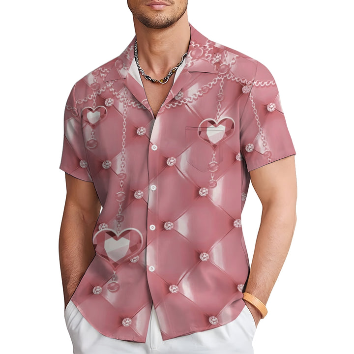 Men's Pink 3d Heart Decorative Print Short Sleeve Shirt 2412008507