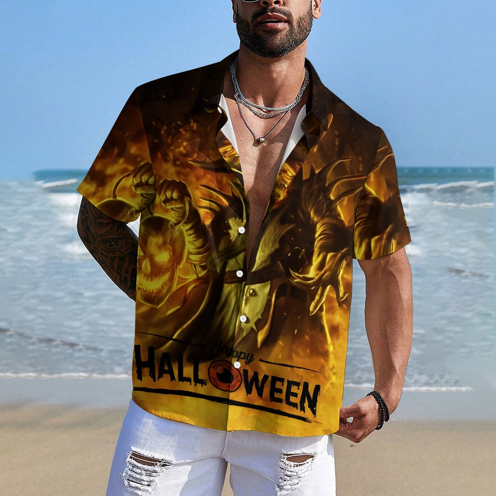 Halloween Demon Pumpkin Print Casual Short Sleeve Shirt 2408007757