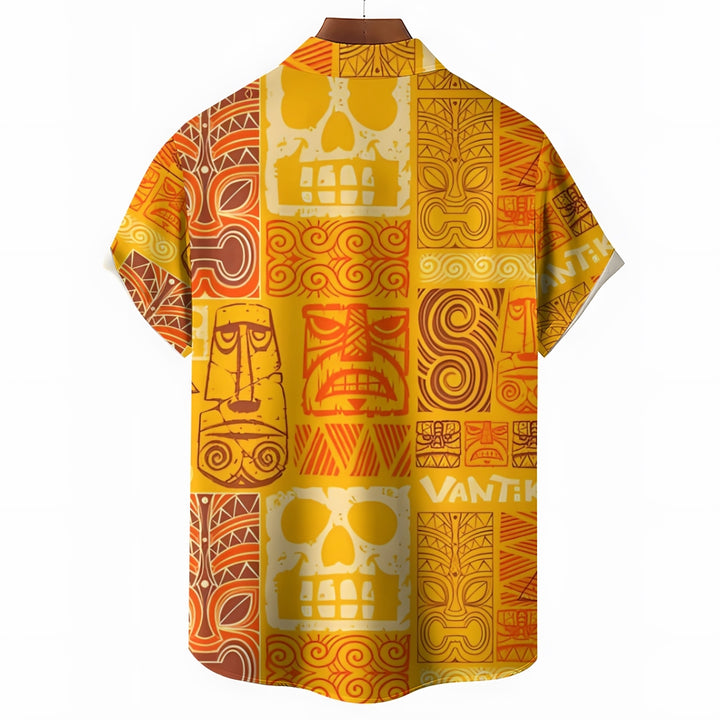 Men's Yellow TIKI Art Print Short Sleeve Shirt 2412006510