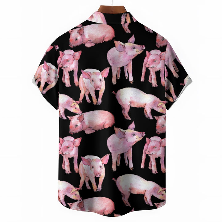 Watercolor Piglet Print Casual Oversized Short Sleeve Shirt 2407005423