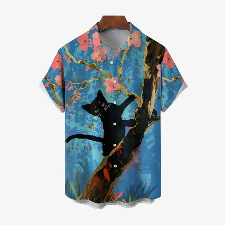 Cat On A Tree Fun Print Short Sleeve Shirt 2412008959