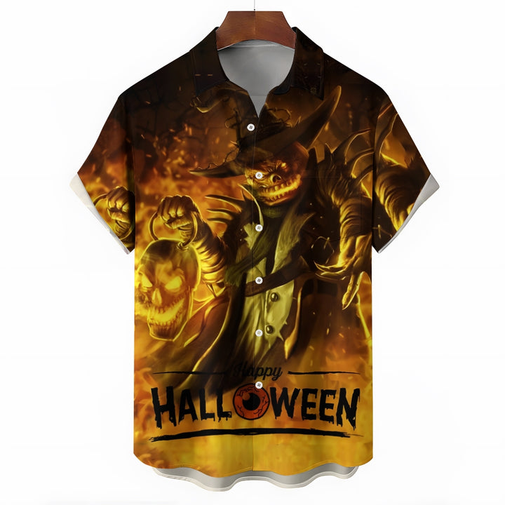 Halloween Demon Pumpkin Print Casual Short Sleeve Shirt 2408007757