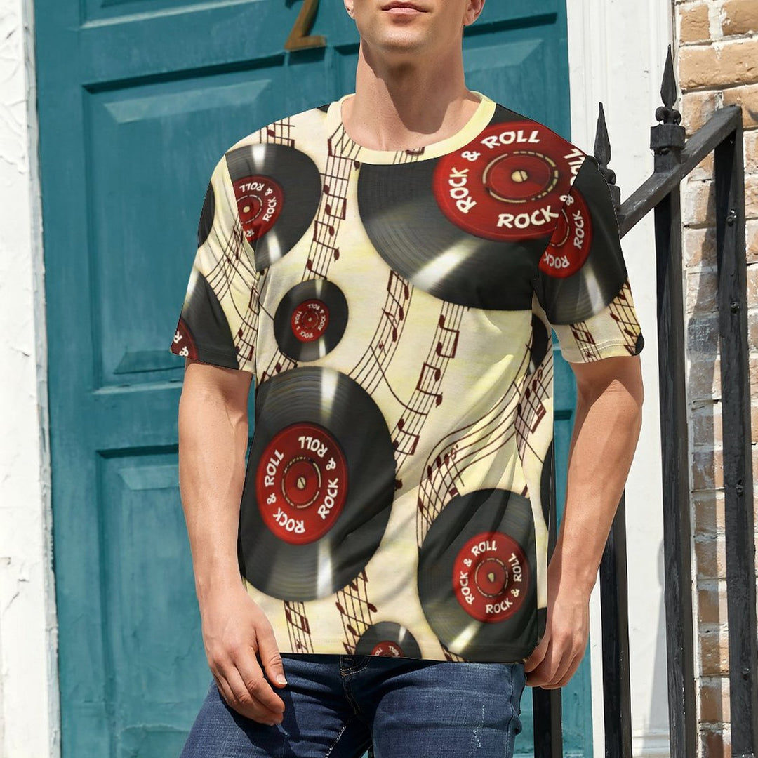 Men's Vinyl Record Round Neck Casual T-Shirt 2403000843