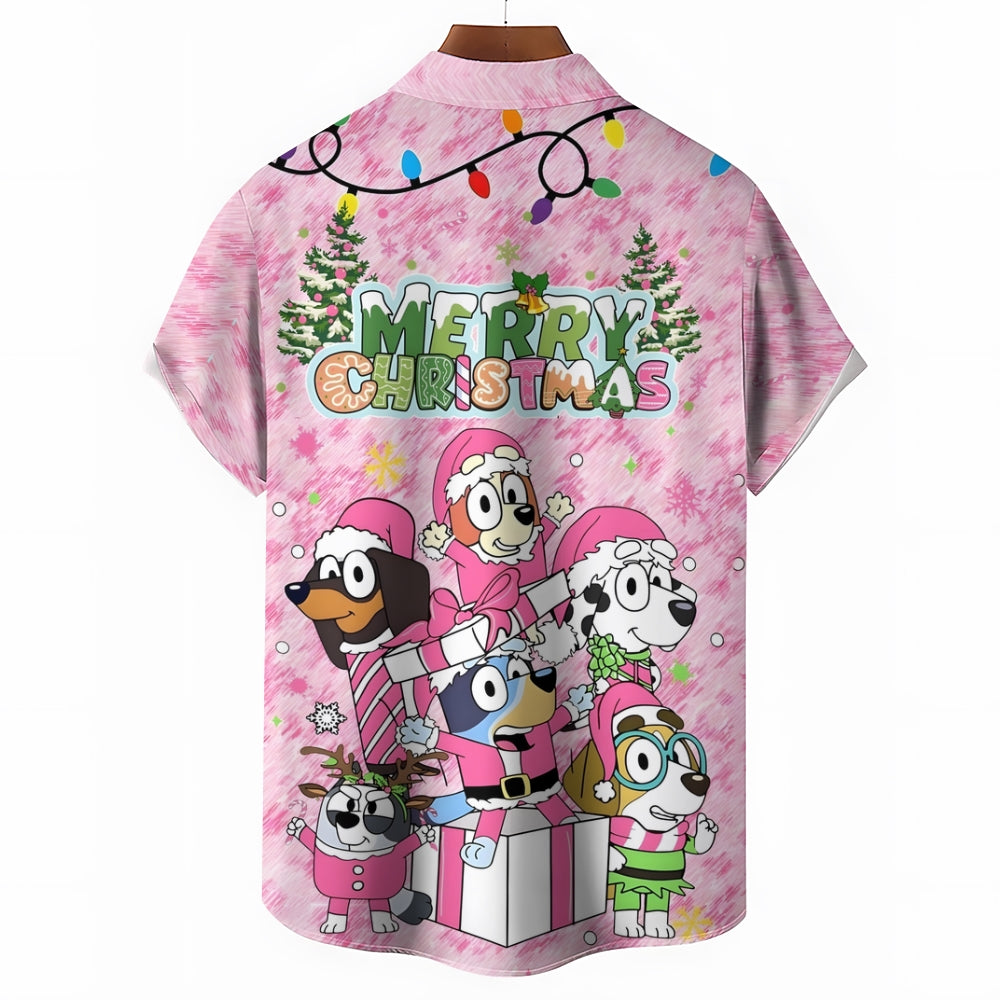 Merry Christmas Cartoon Dog Print Short Sleeve Shirt 2411011850