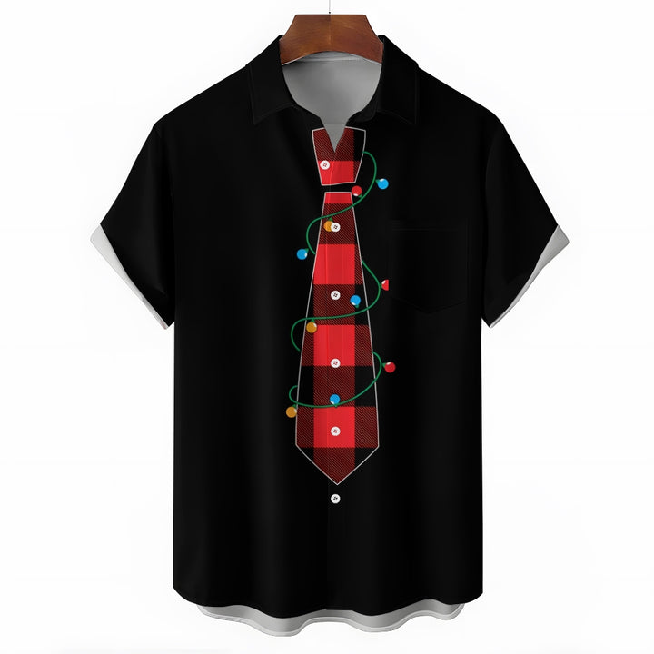 Christmas Check Lights Tie Print Casual Short Sleeve Shirt 2412004841