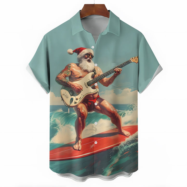 Funny Surfing Christmas Santa Claus Print Short Sleeve Shirt 2411005334