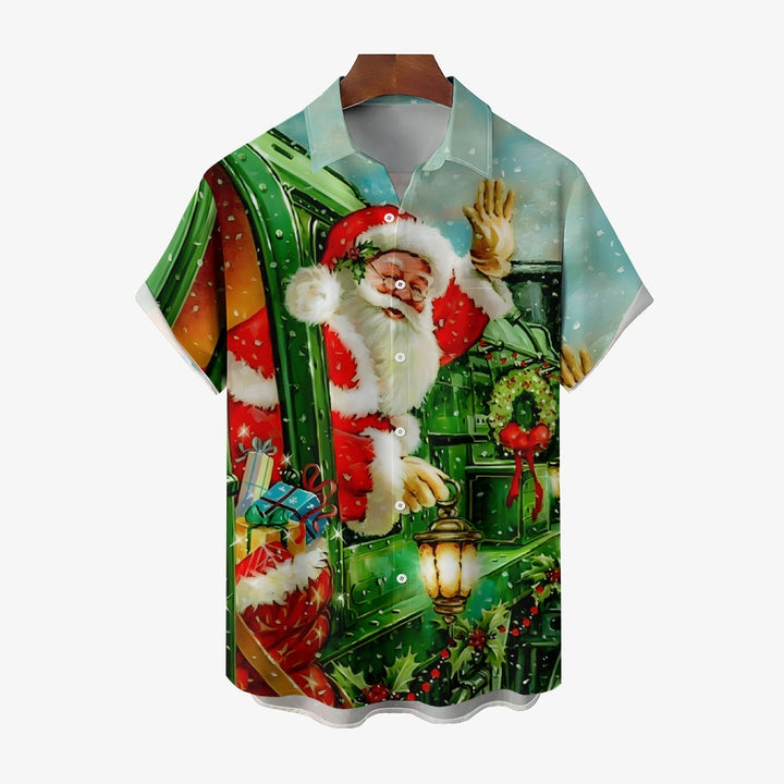 Christmas Santa Claus Green Train Casual Short Sleeve Shirt 2411003259