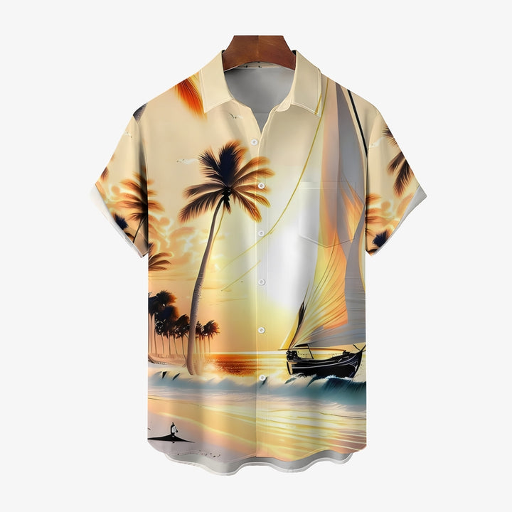 Beach Scenery Sailing Print Casual Short Sleeve Shirt 2404000185