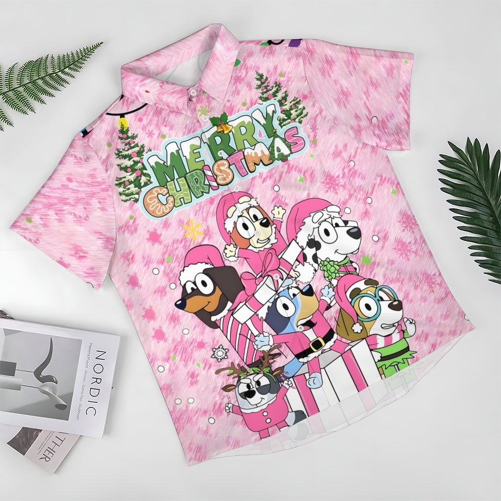 Merry Christmas Cartoon Dog Print Short Sleeve Shirt 2411011850