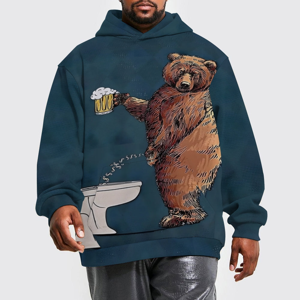 Fun Bear Beer Print Casual Long Sleeve Hooded Sweatshirt