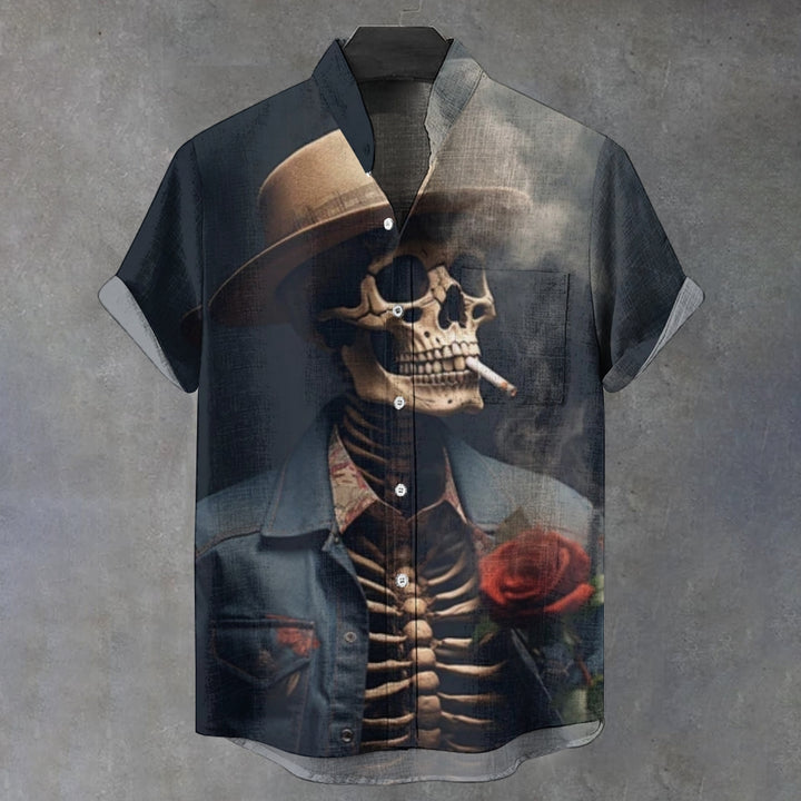 Men's Stand Collar Vintage Dark Skull Gentleman Smoking Art Printed Short Sleeve Shirt