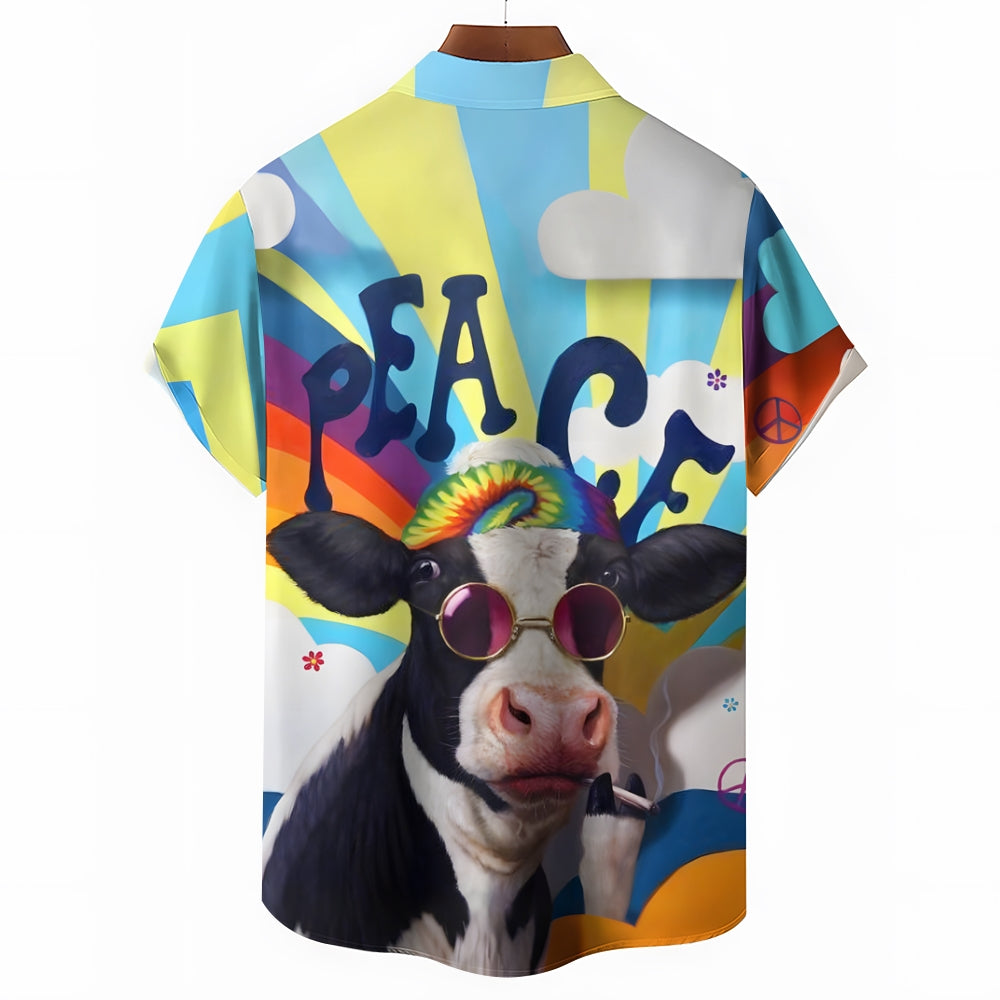 Peaceful Cow Art Print Casual Short Sleeve Shirt 2412009551