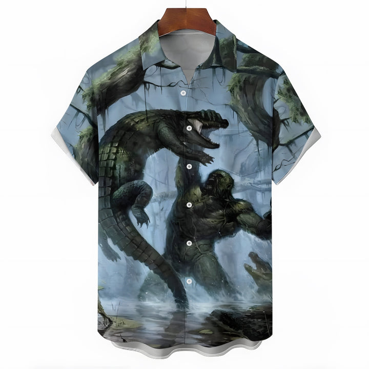 Bigfoot vs Alligator Print Short Sleeve Shirt 2408002798