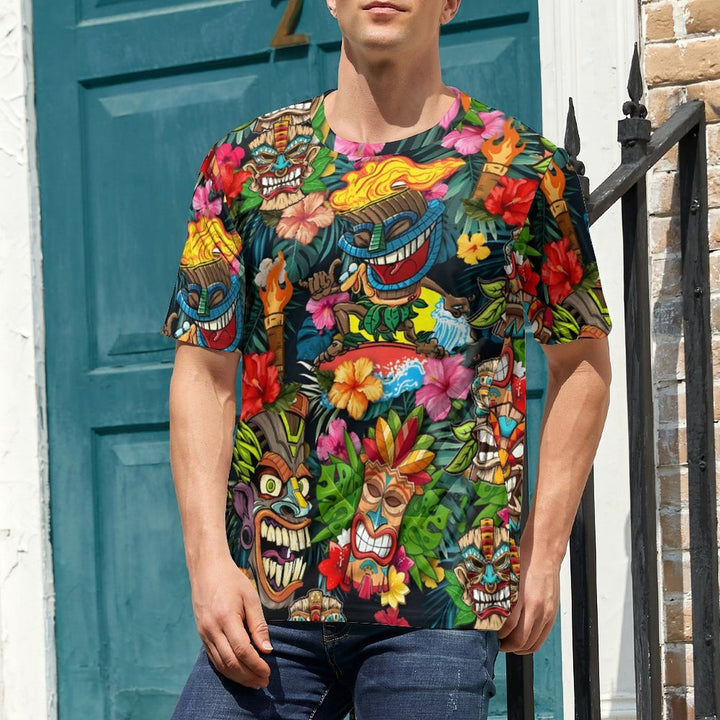 Men's Round Neck Tiki Art Casual T-Shirt 2404000507