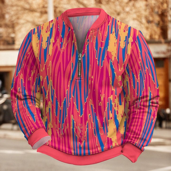 Pink Geometric Stripes Print Half Zip Sweatshirt 2410006257