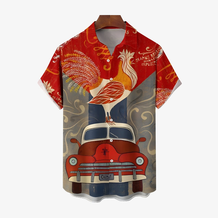 Men's Rooster Car Print Casual Short Sleeve Shirt 2404000452