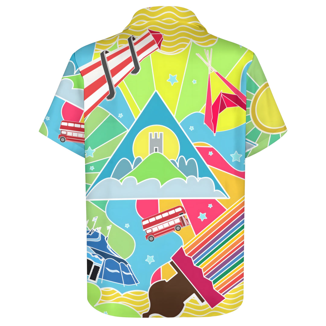 Glastonbury Festival Inspired Art Print Casual Short Sleeve Shirt 2404000918