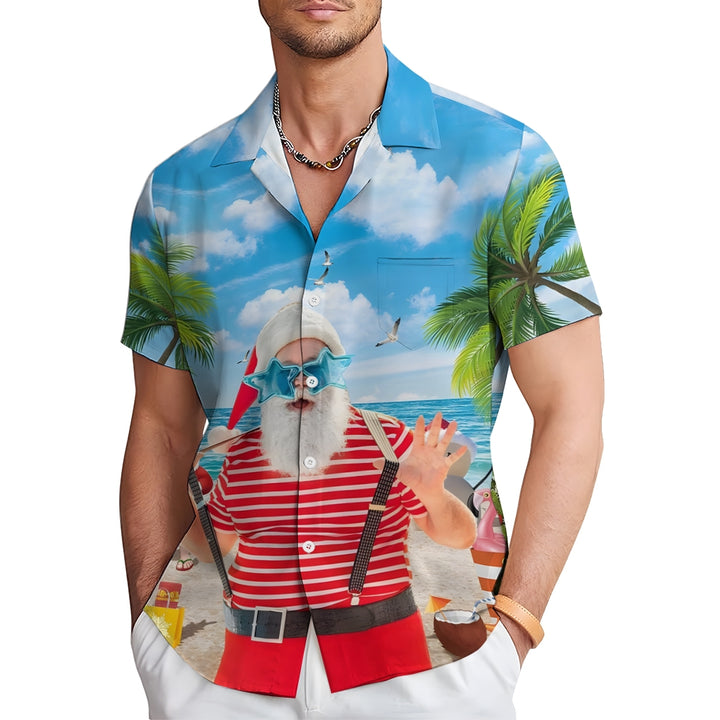 Santa Claus Print On The Beach Short Sleeve Shirt 2410003388