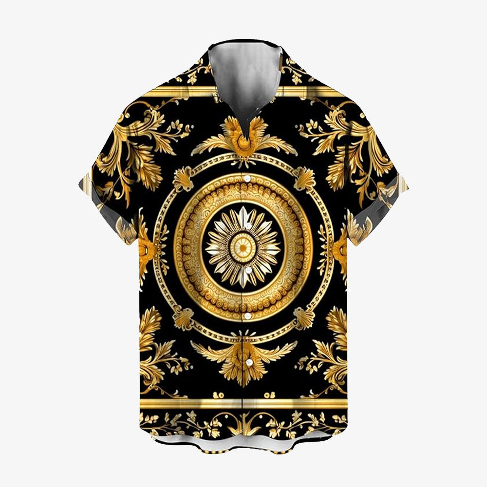 Baroque Gold Art Deco Print Casual Short Sleeve Shirt 2406000715