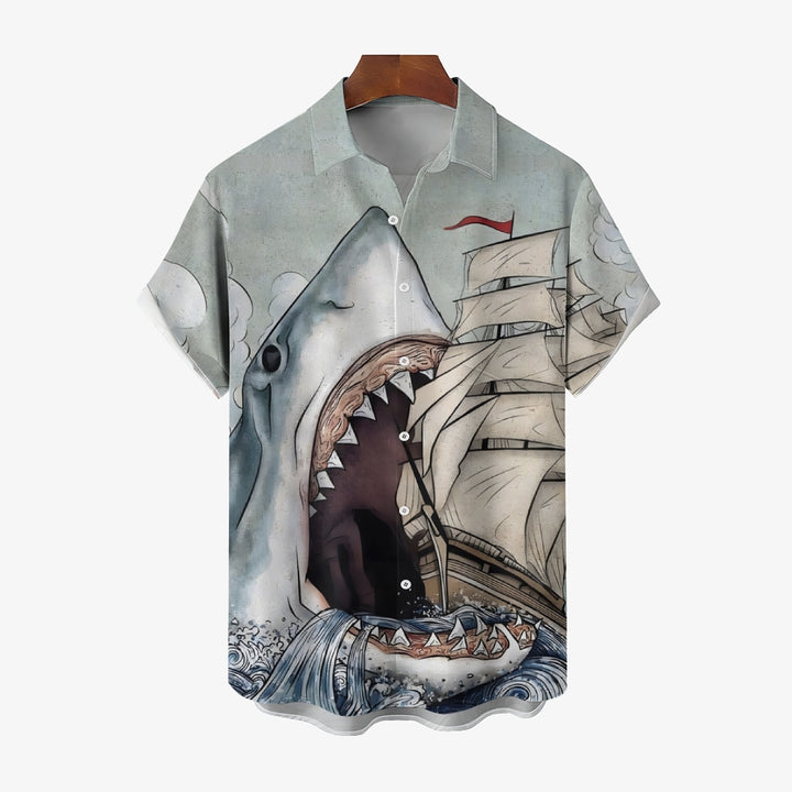 Ukiyo-E Style Retro Sailboat And Shark Print Casual Short Sleeve Shirt 2404001933