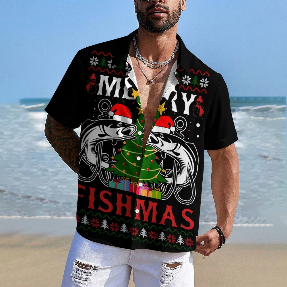 Merry Christmas Fishing Lovers Print Short Sleeve Shirt 2411007854