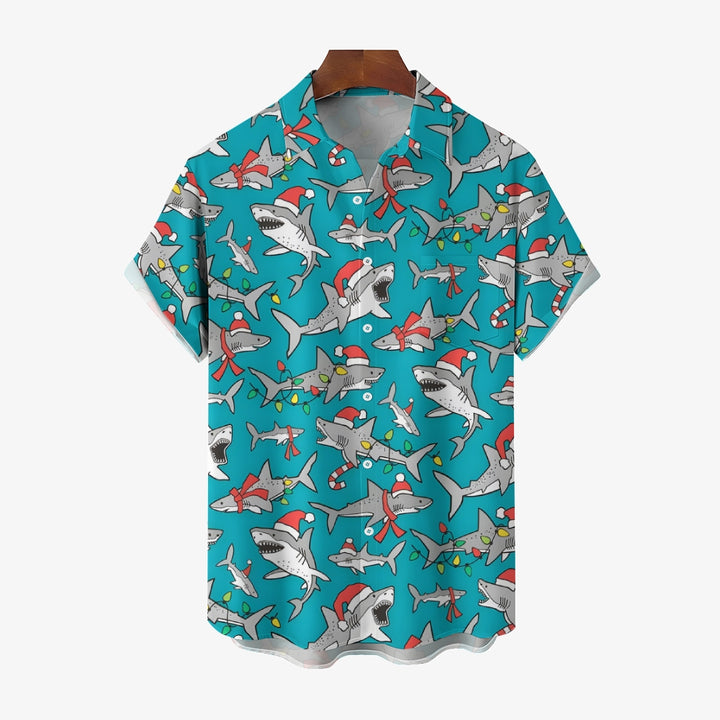 Christmas Shark Print Casual Oversized Short Sleeve Shirt 2407005541