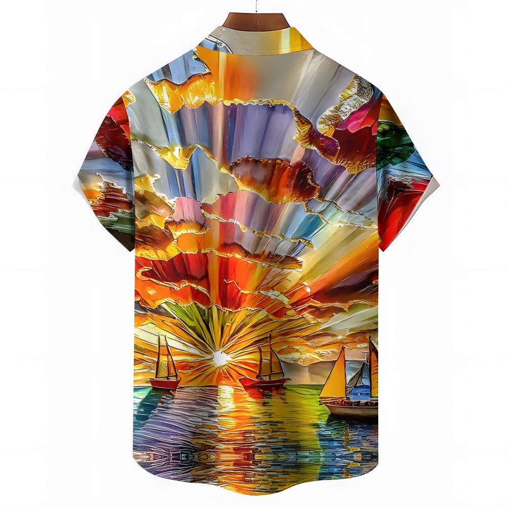 Sailboat Oil Painting Art Light Print Short Sleeve Shirt 2408007010