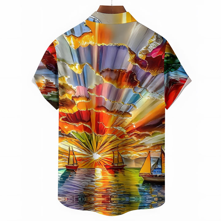 Sailboat Oil Painting Art Light Print Short Sleeve Shirt 2408007010