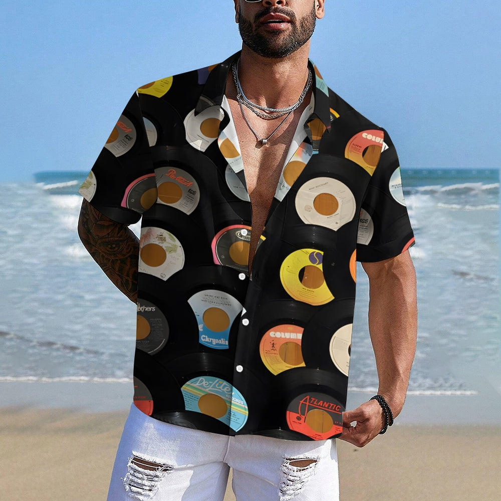 Music Vinyl Record Linen Short Sleeve Shirt 2409010074