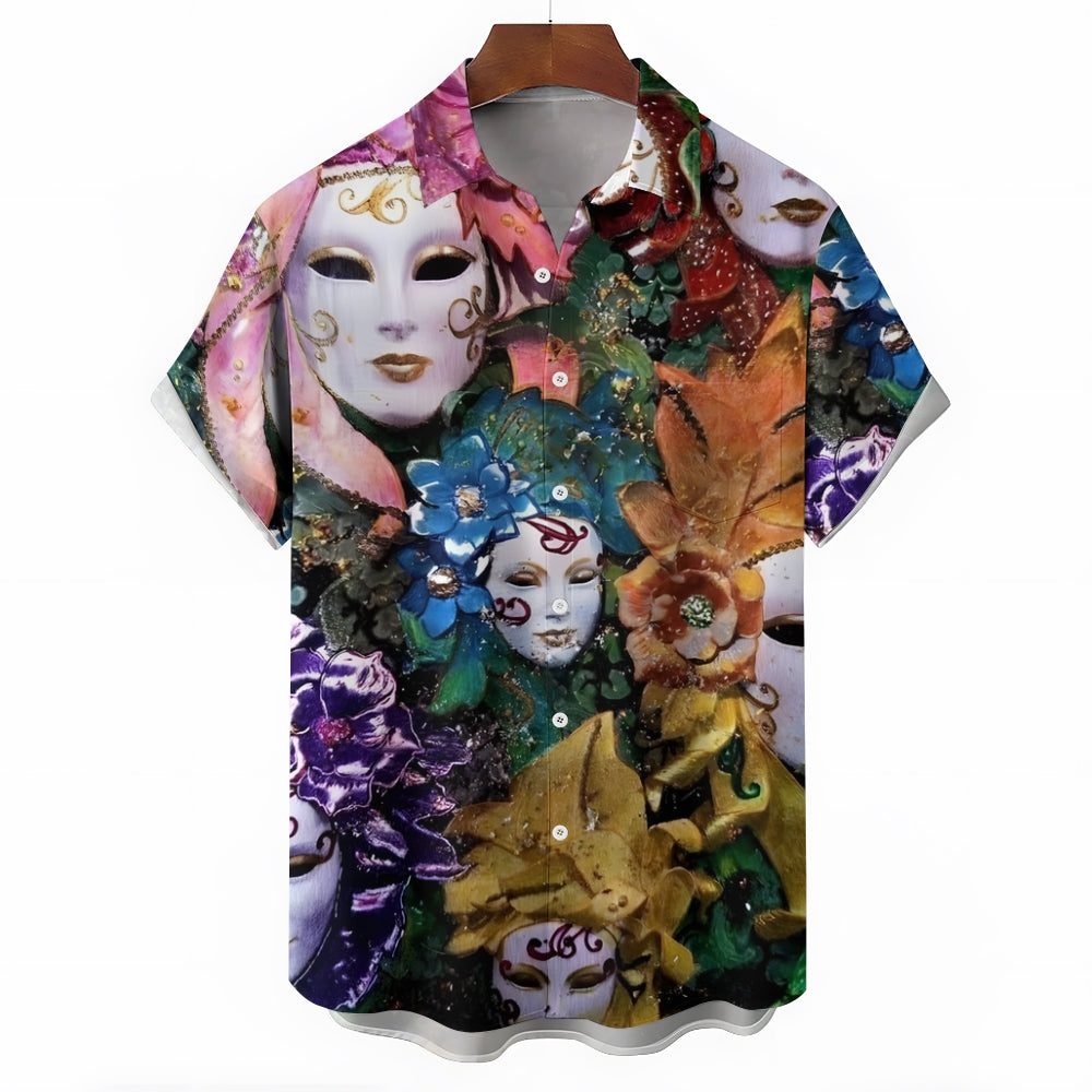 Mardi Gras Mask Print Casual Short Sleeve Shirt 2412007833