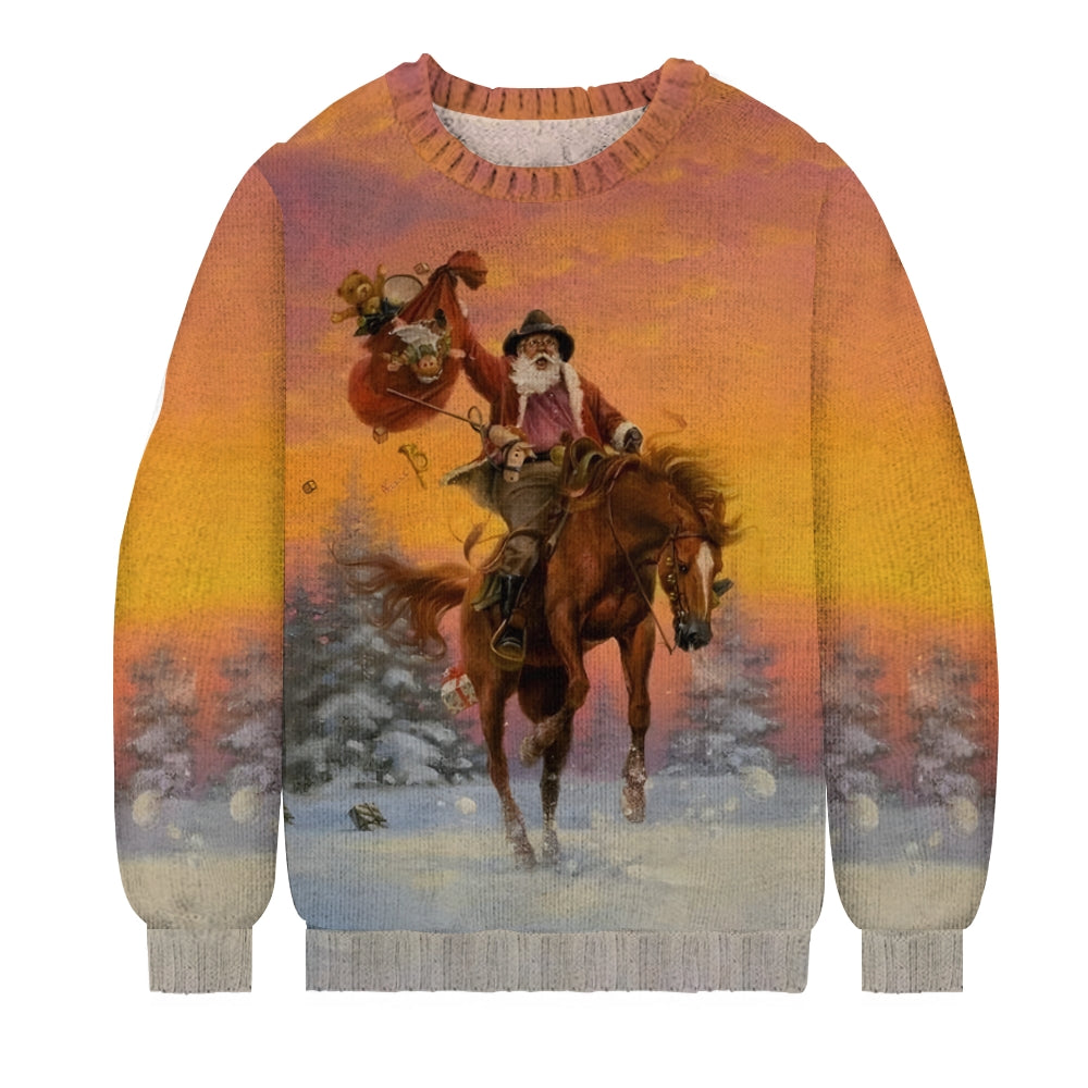 Santa Claus Riding Christmas Print Casual Knitted Crewneck Sweater 2411010427