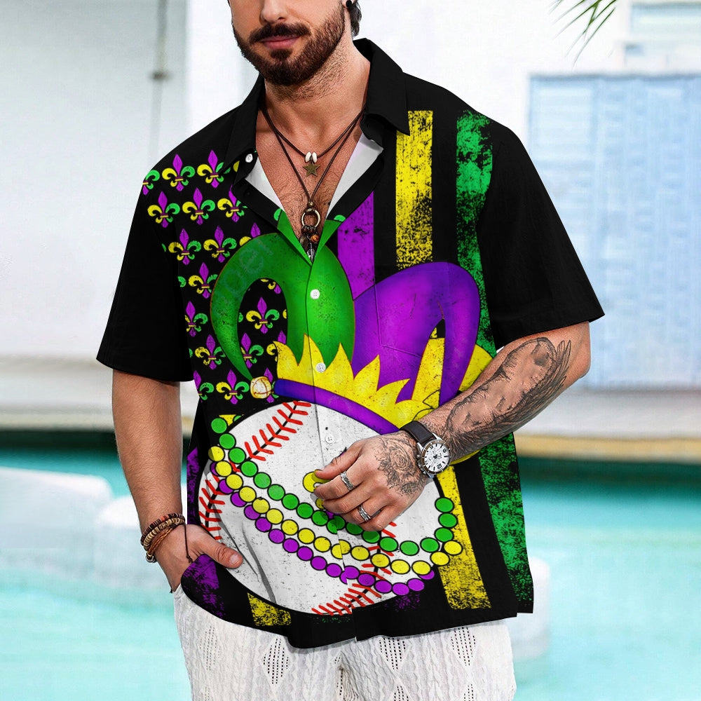 Men's Mardi Gras Baseball Print Casual Short Sleeve Shirt 2412002277