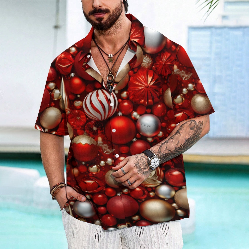 Christmas Decoration Ball Red Casual Short-Sleeved Shirt 2409006039